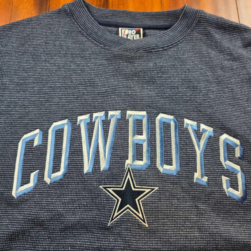 Vintage Pro Player Dallas Cowboys Blue Waffle Knit Sweatshirt Men Large NFL Star
